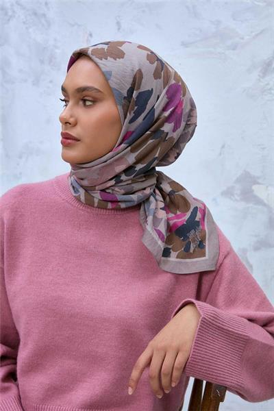 Viskon Velora Karışımlı Eşarp Kum Beji-Bej Pembe Tonlu Desenli Tok Duruşlu 90x90