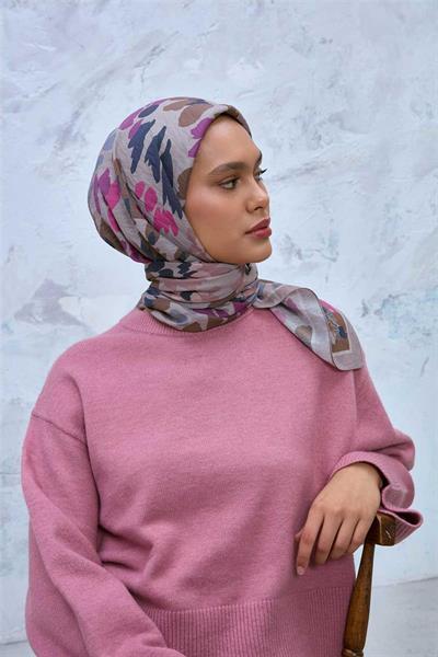 Viskon Velora Karışımlı Eşarp Kum Beji-Bej Pembe Tonlu Desenli Tok Duruşlu 90x90