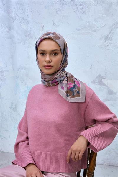 Viskon Velora Karışımlı Eşarp Kum Beji-Bej Pembe Tonlu Desenli Tok Duruşlu 90x90