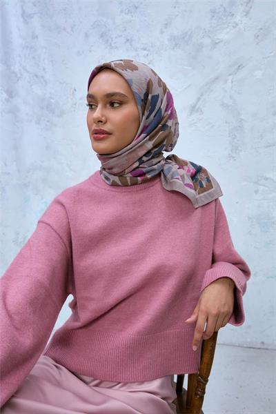 Viskon Velora Karışımlı Eşarp Kum Beji-Bej Pembe Tonlu Desenli Tok Duruşlu 90x90