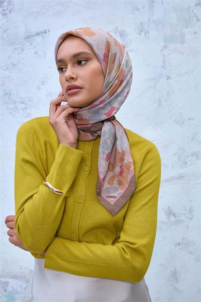 Viskon Velora Karışımlı Eşarp Sütlü Kahve-Bej Çok Renkli Desenli Tok Duruşlu 90x90