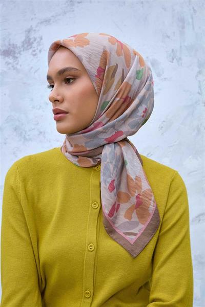 Viskon Velora Karışımlı Eşarp Sütlü Kahve-Bej Çok Renkli Desenli Tok Duruşlu 90x90