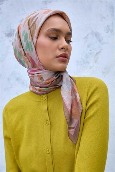 Viskon Velora Karışımlı Eşarp Sütlü Kahve-Bej Çok Renkli Desenli Tok Duruşlu 90x90