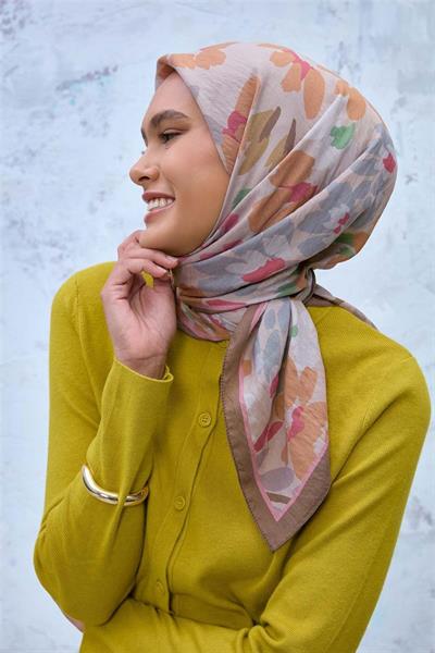 Viskon Velora Karışımlı Eşarp Sütlü Kahve-Bej Çok Renkli Desenli Tok Duruşlu 90x90