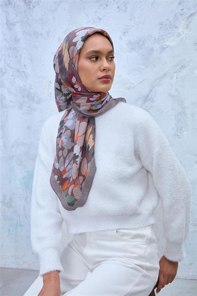 Viskon Velora Eşarp Gri-Kahverengi-Turuncu Desenli Kaymaz Dokulu Tok Duruşlu 90x90