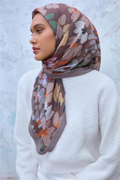 Viskon Velora Eşarp Gri-Kahverengi-Turuncu Desenli Kaymaz Dokulu Tok Duruşlu 90x90