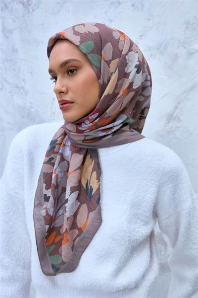 Viskon Velora Eşarp Gri-Kahverengi-Turuncu Desenli Kaymaz Dokulu Tok Duruşlu 90x90