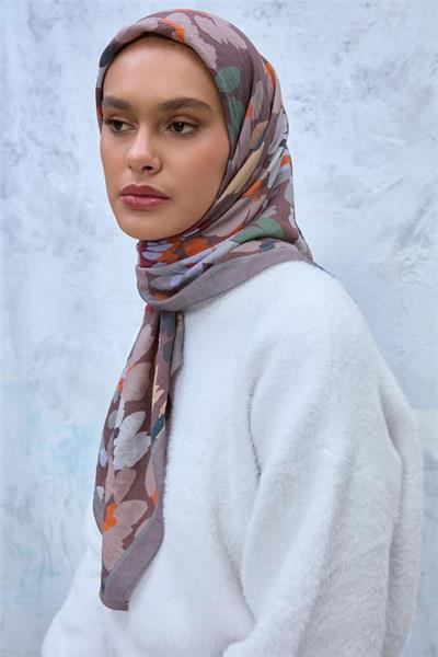 Viskon Velora Eşarp Gri-Kahverengi-Turuncu Desenli Kaymaz Dokulu Tok Duruşlu 90x90