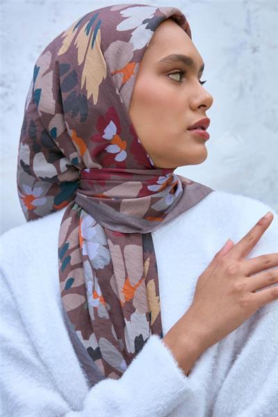 Viskon Velora Eşarp Gri-Kahverengi-Turuncu Desenli Kaymaz Dokulu Tok Duruşlu 90x90