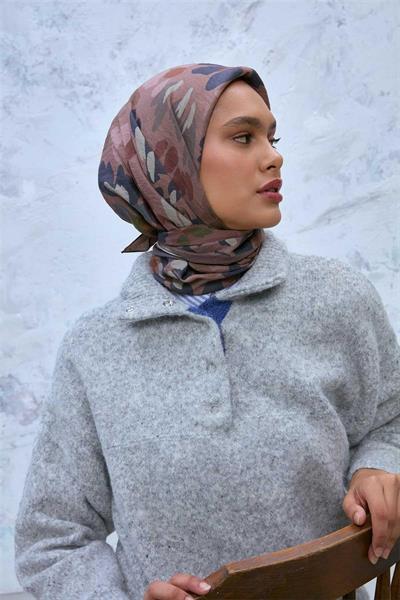 Viskon Velora Eşarp Kahverengi-Lacivert-Yeşil Desenli Kaymaz Dokulu Tok Duruşlu 90x90