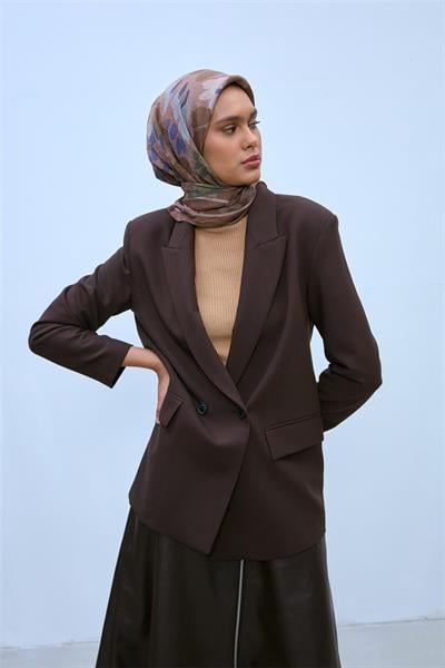 Viskon Velora Eşarp Kahverengi-Sütlü Kahve-Yeşil Desenli Kaymaz Dokulu Tok Duruşlu 90x90