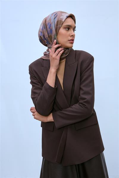 Viskon Velora Eşarp Kahverengi-Sütlü Kahve-Yeşil Desenli Kaymaz Dokulu Tok Duruşlu 90x90