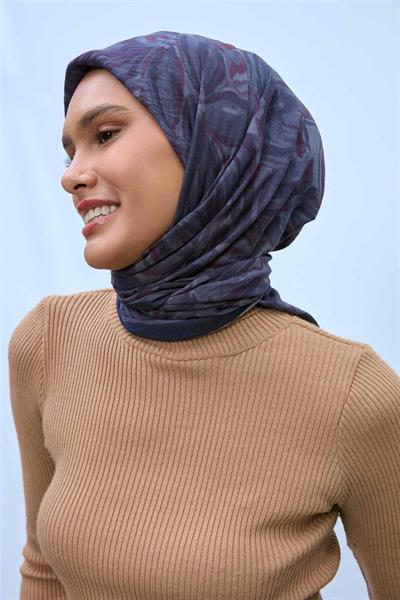 Viskon Velora Eşarp Lacivert-Füme-Bordo Desenli Kaymaz Dokulu Tok Duruşlu 90x90