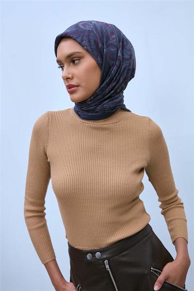 Viskon Velora Eşarp Lacivert-Füme-Bordo Desenli Kaymaz Dokulu Tok Duruşlu 90x90