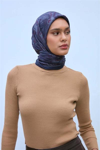 Viskon Velora Eşarp Lacivert-Füme-Bordo Desenli Kaymaz Dokulu Tok Duruşlu 90x90