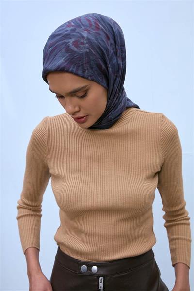 Viskon Velora Eşarp Lacivert-Füme-Bordo Desenli Kaymaz Dokulu Tok Duruşlu 90x90