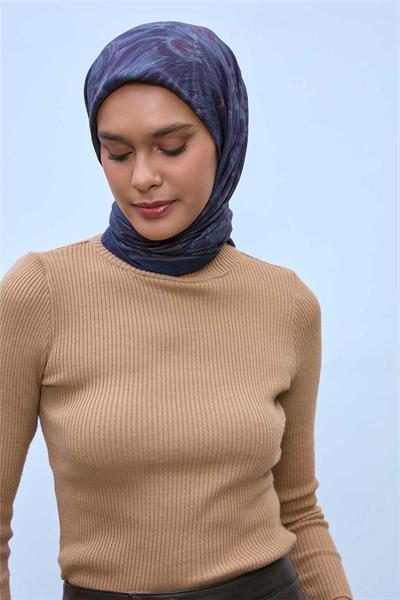 Viskon Velora Eşarp Lacivert-Füme-Bordo Desenli Kaymaz Dokulu Tok Duruşlu 90x90