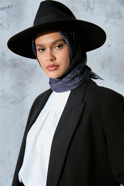 Viskon Velora Karışımlı Eşarp Lacivert-Füme Desenli Tok Duruşlu Kaymaz Dokulu 90x90