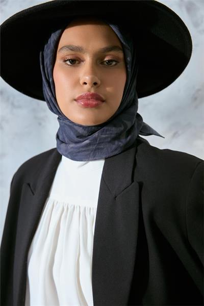 Viskon Velora Karışımlı Eşarp Lacivert-Füme Desenli Tok Duruşlu Kaymaz Dokulu 90x90