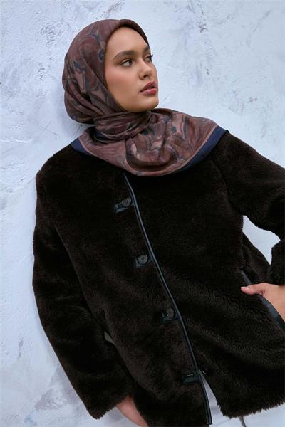 Viskon Velora Karışımlı Eşarp Lacivert-Sütlü Kahve Desenli Kaymaz Dokulu 90x90