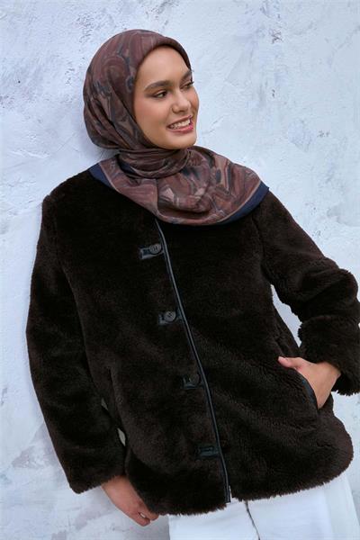 Viskon Velora Karışımlı Eşarp Lacivert-Sütlü Kahve Desenli Kaymaz Dokulu 90x90