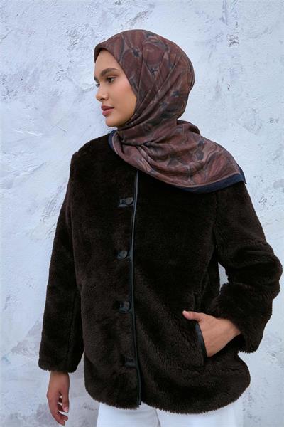 Viskon Velora Karışımlı Eşarp Lacivert-Sütlü Kahve Desenli Kaymaz Dokulu 90x90