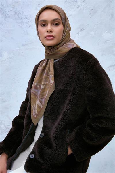 Viskon Velora Eşarp Kına Yeşili-Olive Desenli Tok Duruşlu Kaymaz Dokulu 90x90