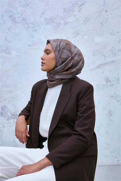 Viskon Velora Eşarp Yeşil Kahve-Füme Desenli Tok Duruşlu Kaymaz Dokulu 90x90