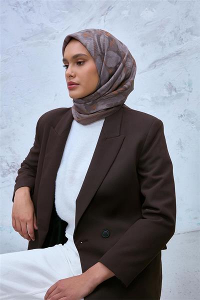 Viskon Velora Eşarp Yeşil Kahve-Füme Desenli Tok Duruşlu Kaymaz Dokulu 90x90