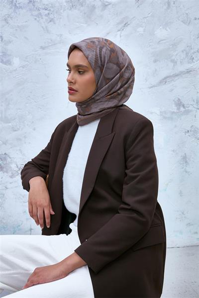 Viskon Velora Eşarp Yeşil Kahve-Füme Desenli Tok Duruşlu Kaymaz Dokulu 90x90