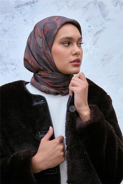 Viskon Velora Eşarp Antrasit-Kiremit Desenli Tok Duruşlu Kaymaz Dokulu 90x90