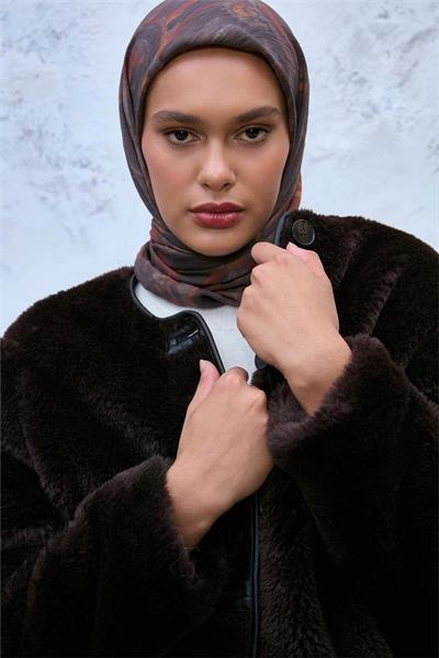 Viskon Velora Eşarp Antrasit-Kiremit Desenli Tok Duruşlu Kaymaz Dokulu 90x90