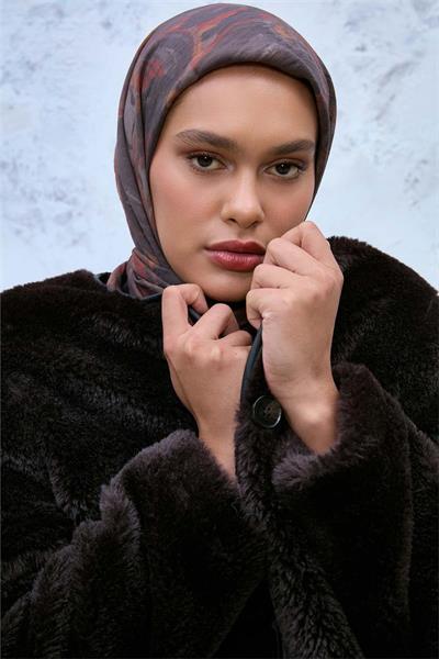 Viskon Velora Eşarp Antrasit-Kiremit Desenli Tok Duruşlu Kaymaz Dokulu 90x90