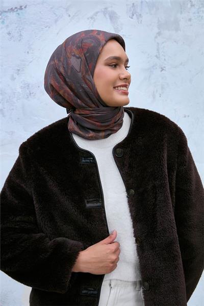 Viskon Velora Eşarp Antrasit-Kiremit Desenli Tok Duruşlu Kaymaz Dokulu 90x90