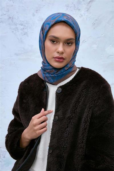 Viskon Velora Eşarp Sütlü Kahve-Lacivert Tonlu Desenli Tok Duruşlu Kaymaz 90x90