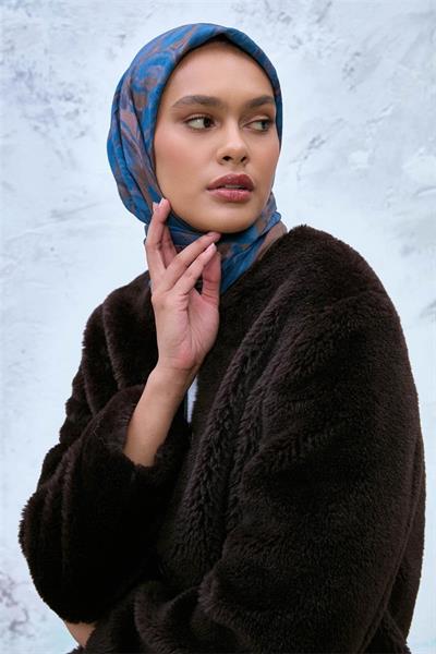 Viskon Velora Eşarp Sütlü Kahve-Lacivert Tonlu Desenli Tok Duruşlu Kaymaz 90x90