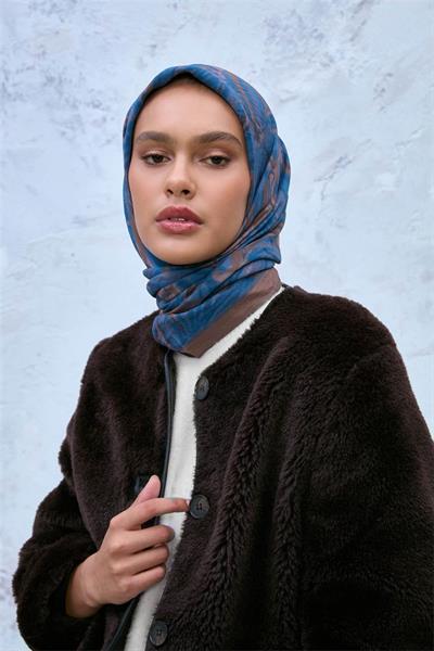 Viskon Velora Eşarp Sütlü Kahve-Lacivert Tonlu Desenli Tok Duruşlu Kaymaz 90x90