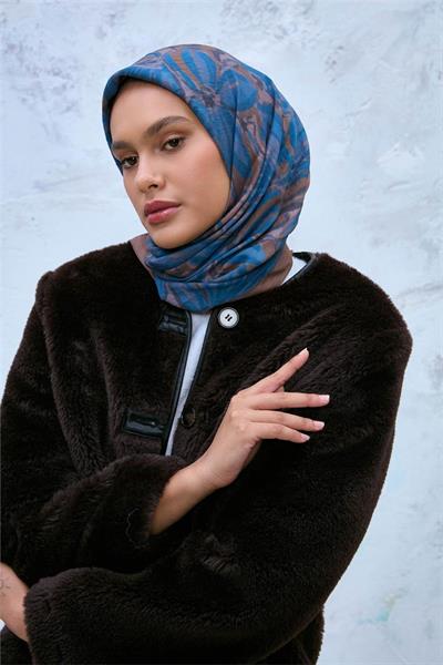 Viskon Velora Eşarp Sütlü Kahve-Lacivert Tonlu Desenli Tok Duruşlu Kaymaz 90x90