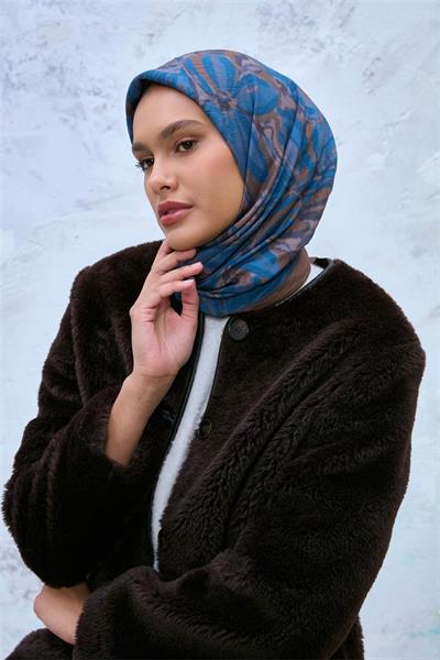 Viskon Velora Eşarp Sütlü Kahve-Lacivert Tonlu Desenli Tok Duruşlu Kaymaz 90x90