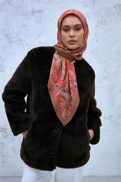 Viskon Velora Eşarp Oksit Kahve-Sütlü Kahve Tonlu Desenli Tok Duruşlu Kaymaz 90x90