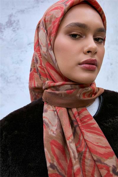 Viskon Velora Eşarp Oksit Kahve-Sütlü Kahve Tonlu Desenli Tok Duruşlu Kaymaz 90x90