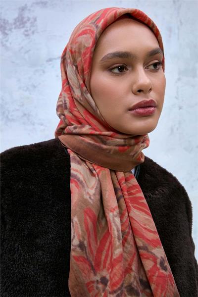 Viskon Velora Eşarp Oksit Kahve-Sütlü Kahve Tonlu Desenli Tok Duruşlu Kaymaz 90x90