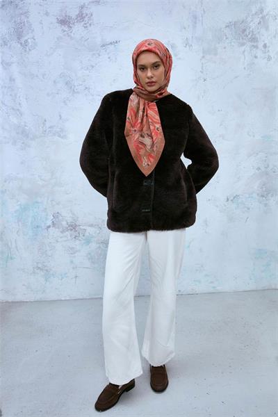 Viskon Velora Eşarp Oksit Kahve-Sütlü Kahve Tonlu Desenli Tok Duruşlu Kaymaz 90x90