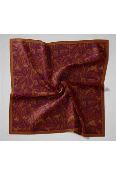Viskon Velora Eşarp Karamel-Erguvan Tonlu Desenli Tok Duruşlu Kaymaz 90x90