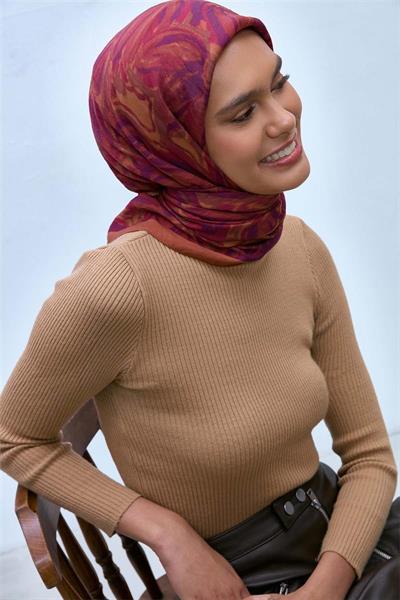 Viskon Velora Eşarp Karamel-Erguvan Tonlu Desenli Tok Duruşlu Kaymaz 90x90