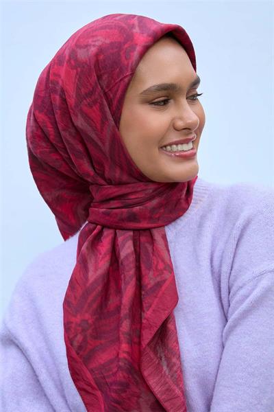 Viskon Velora Eşarp Çilek Kırmızısı-Vişne Tonlu Desenli Tok Duruşlu Kaymaz 90x90