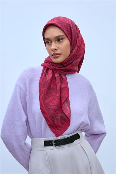 Viskon Velora Eşarp Çilek Kırmızısı-Vişne Tonlu Desenli Tok Duruşlu Kaymaz 90x90