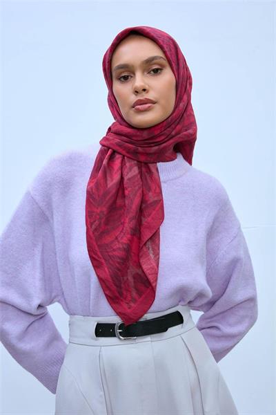 Viskon Velora Eşarp Çilek Kırmızısı-Vişne Tonlu Desenli Tok Duruşlu Kaymaz 90x90