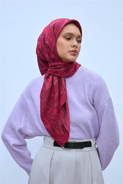 Viskon Velora Eşarp Çilek Kırmızısı-Vişne Tonlu Desenli Tok Duruşlu Kaymaz 90x90