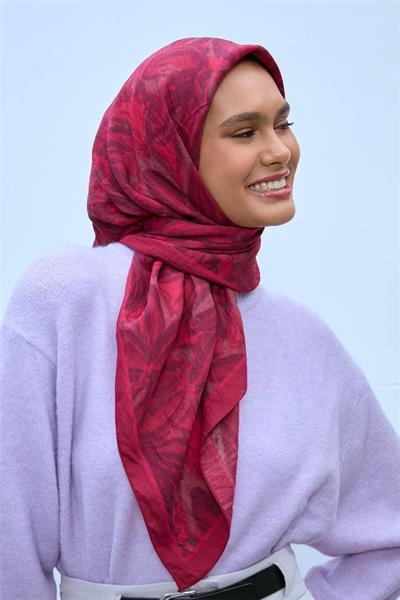 Viskon Velora Eşarp Çilek Kırmızısı-Vişne Tonlu Desenli Tok Duruşlu Kaymaz 90x90